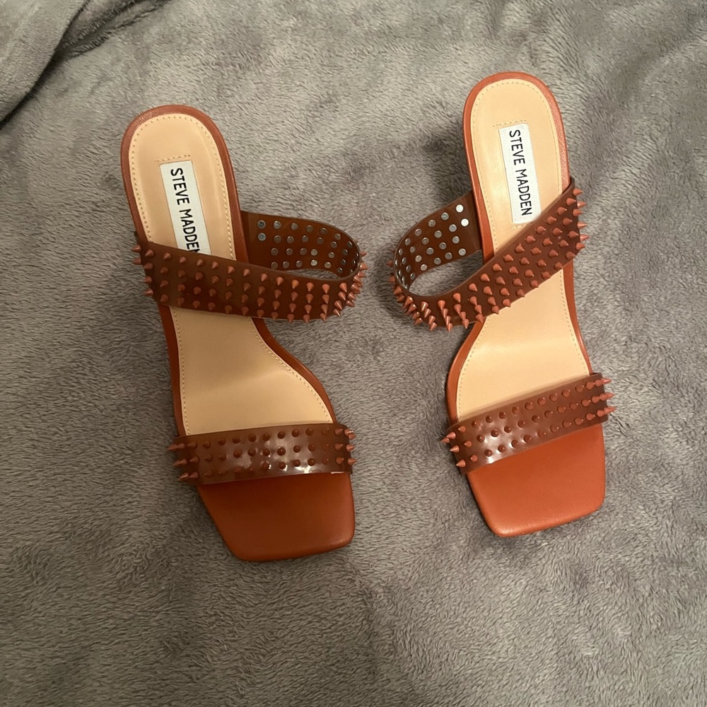 Steve Madden cognac studded mule heeled sandals